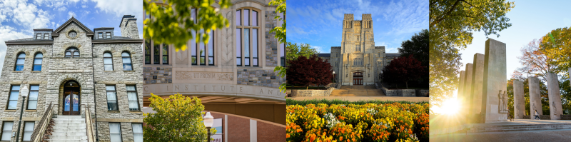 4 photo collage of buildings and structures on Virginia Tech's campus 